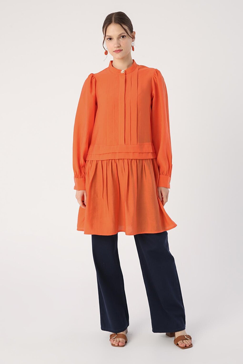 Orange Pleat Detailed Shirt Tunic