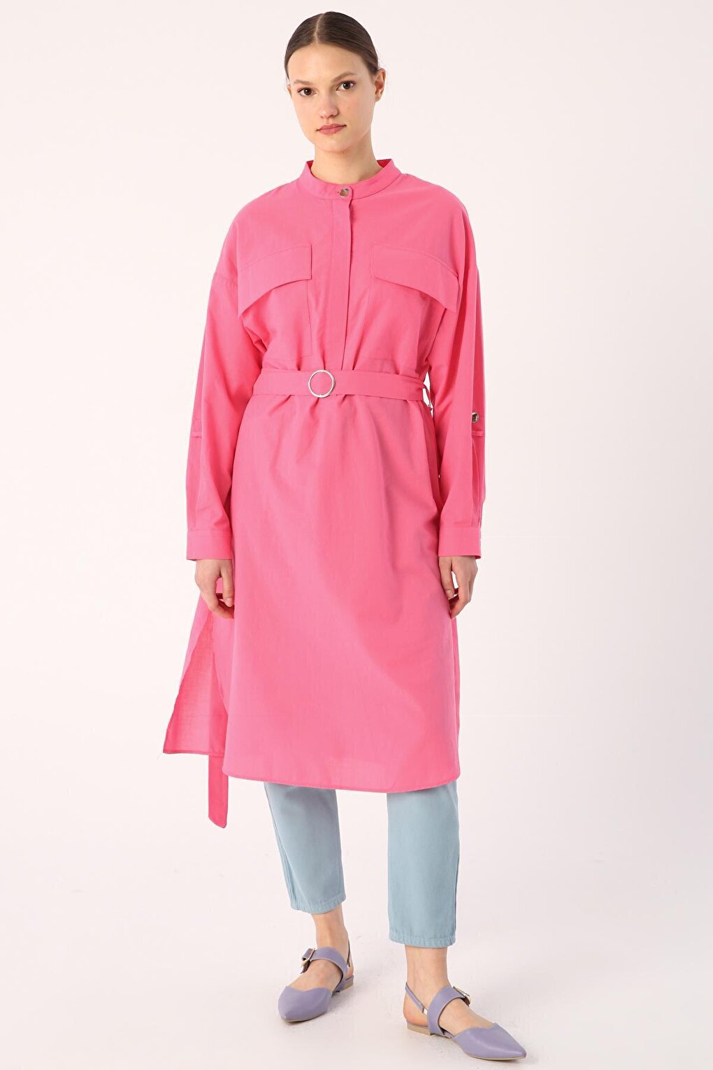 Pink 100% Cotton Judge Collar Belted Pocket Tunic