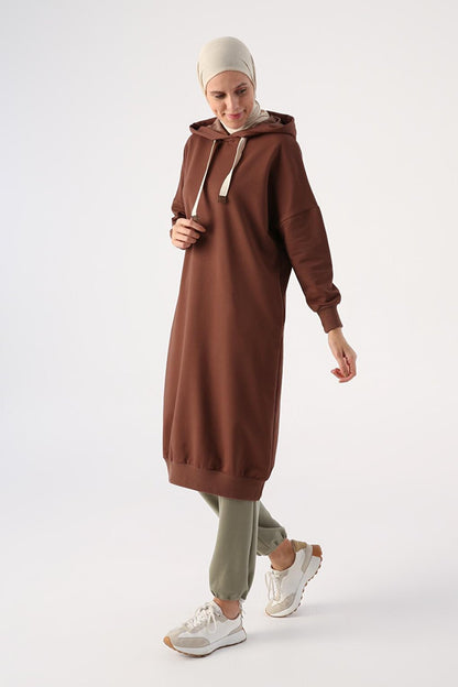 Light Brown Eyelet Hooded Sweat Tunic with Pockets