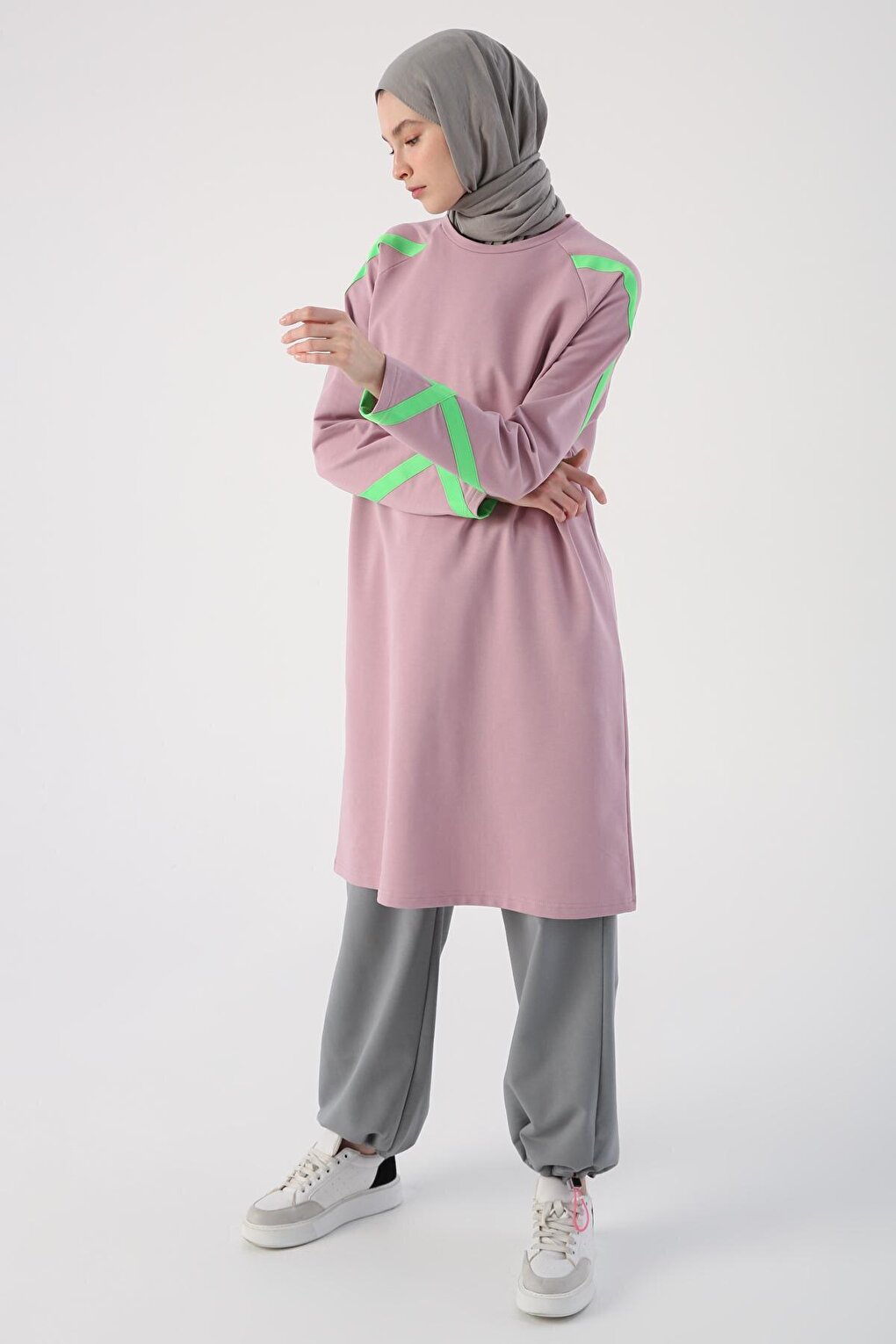 Soft Lilac Neon Stripe Detailed Sweat Tunic