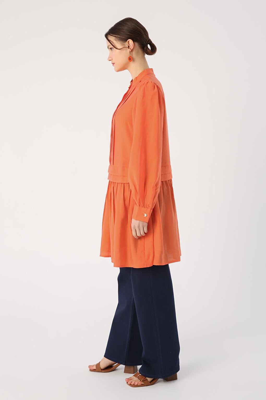 Orange Pleat Detailed Shirt Tunic