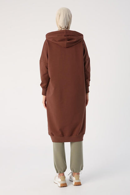 Light Brown Eyelet Hooded Sweat Tunic with Pockets