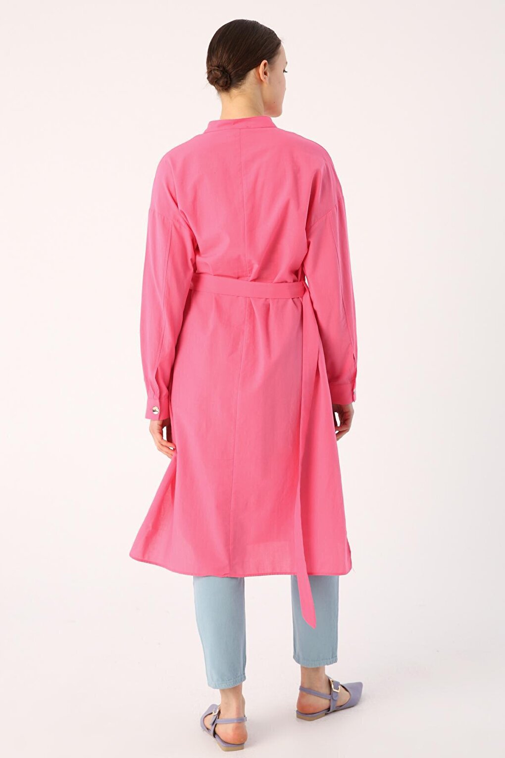 Pink 100% Cotton Judge Collar Belted Pocket Tunic