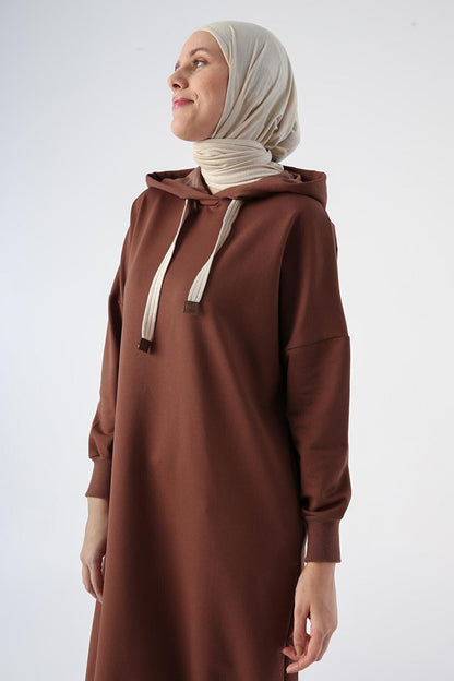 Light Brown Eyelet Hooded Sweat Tunic with Pockets