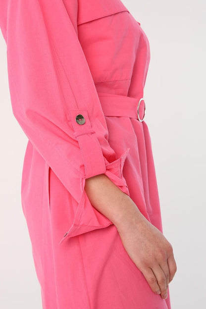 Pink 100% Cotton Judge Collar Belted Pocket Tunic