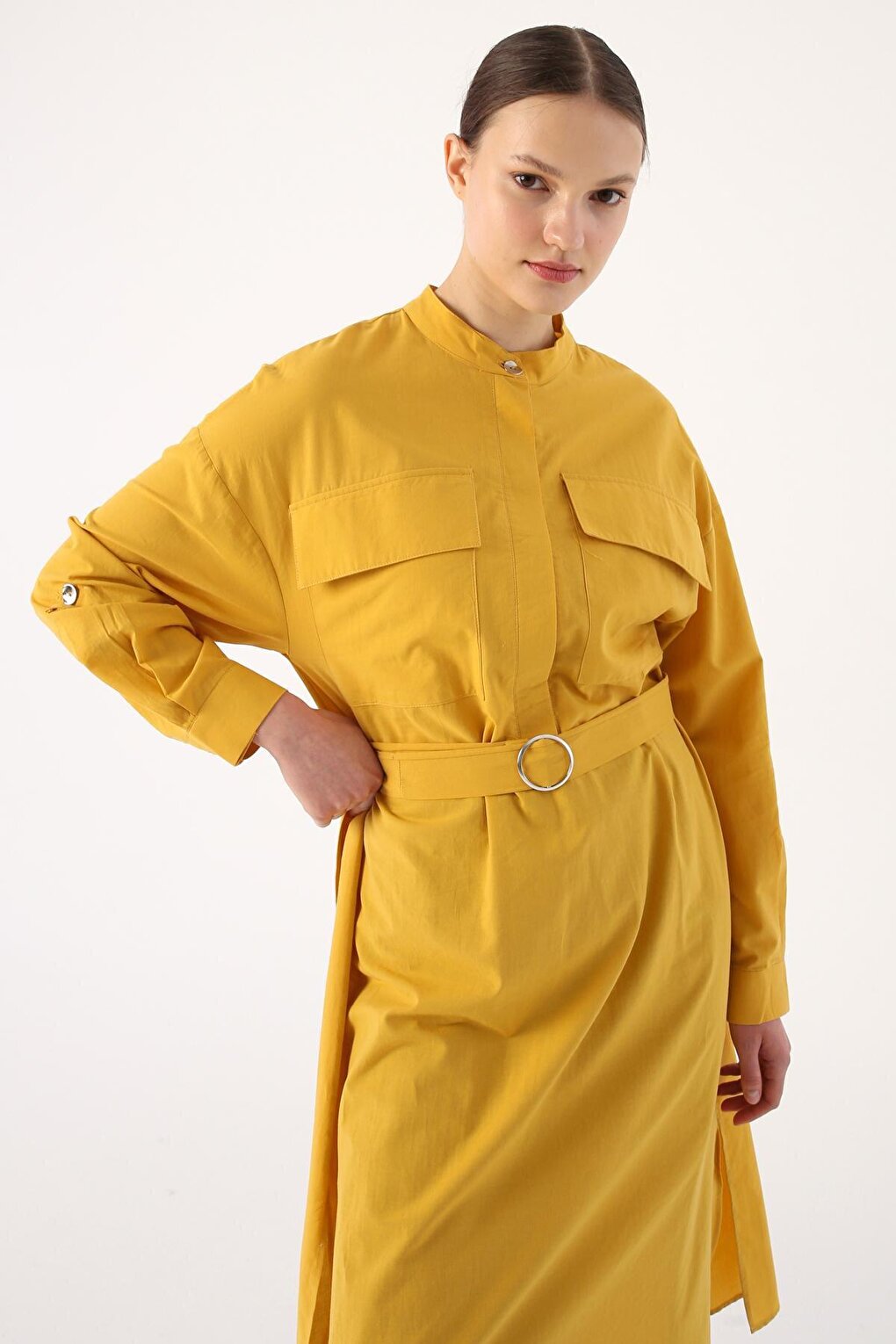 Mustard 100% Cotton Judge Collar Belted Pocket Tunic