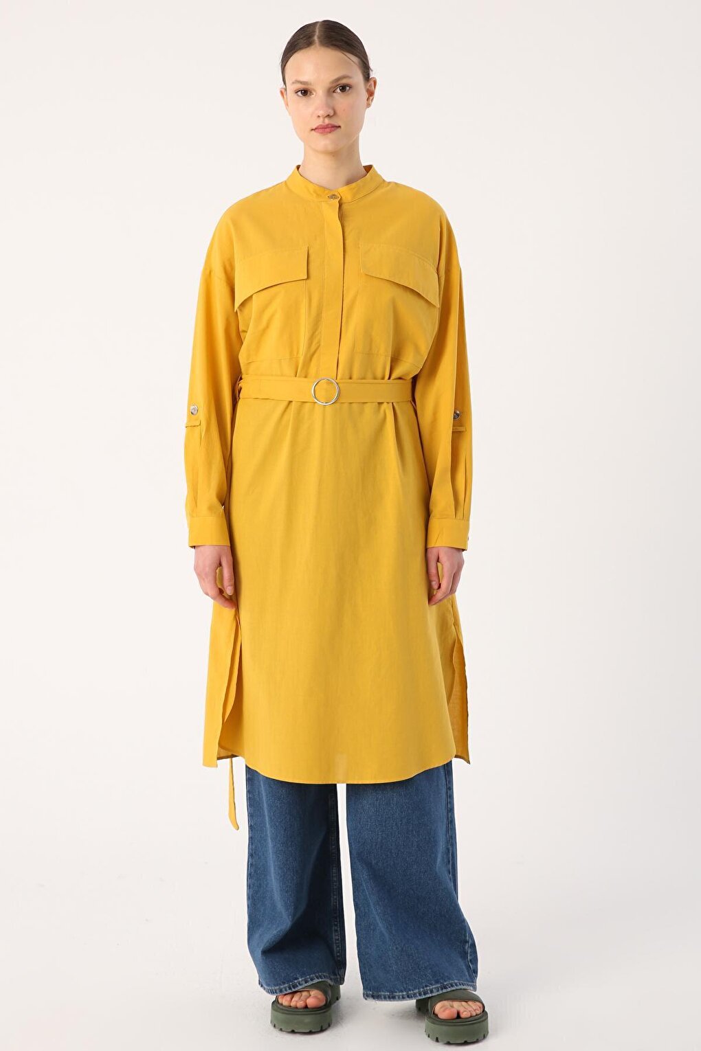 Mustard 100% Cotton Judge Collar Belted Pocket Tunic