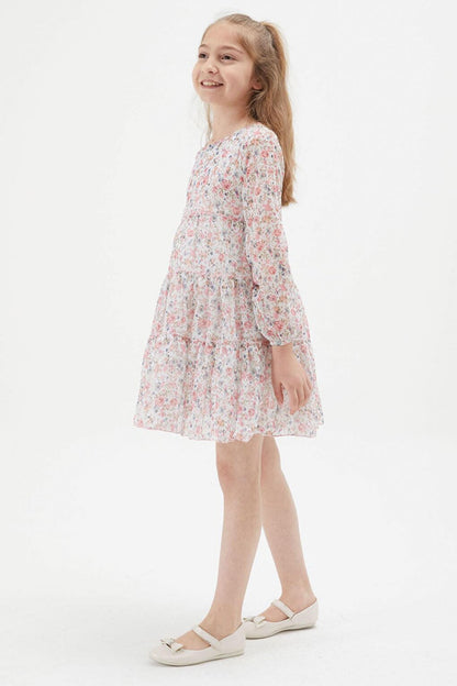 White Flower Patterned Girl's Dress 15199