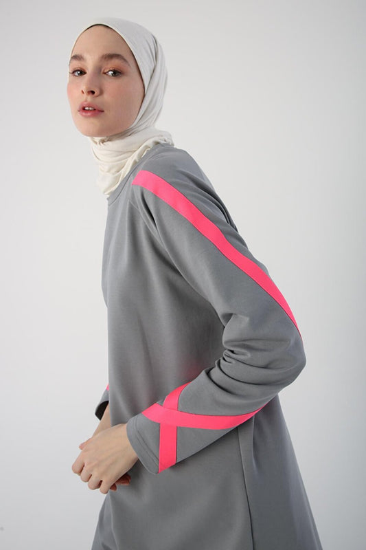 Gray Neon Stripe Detailed Sweat Tunic