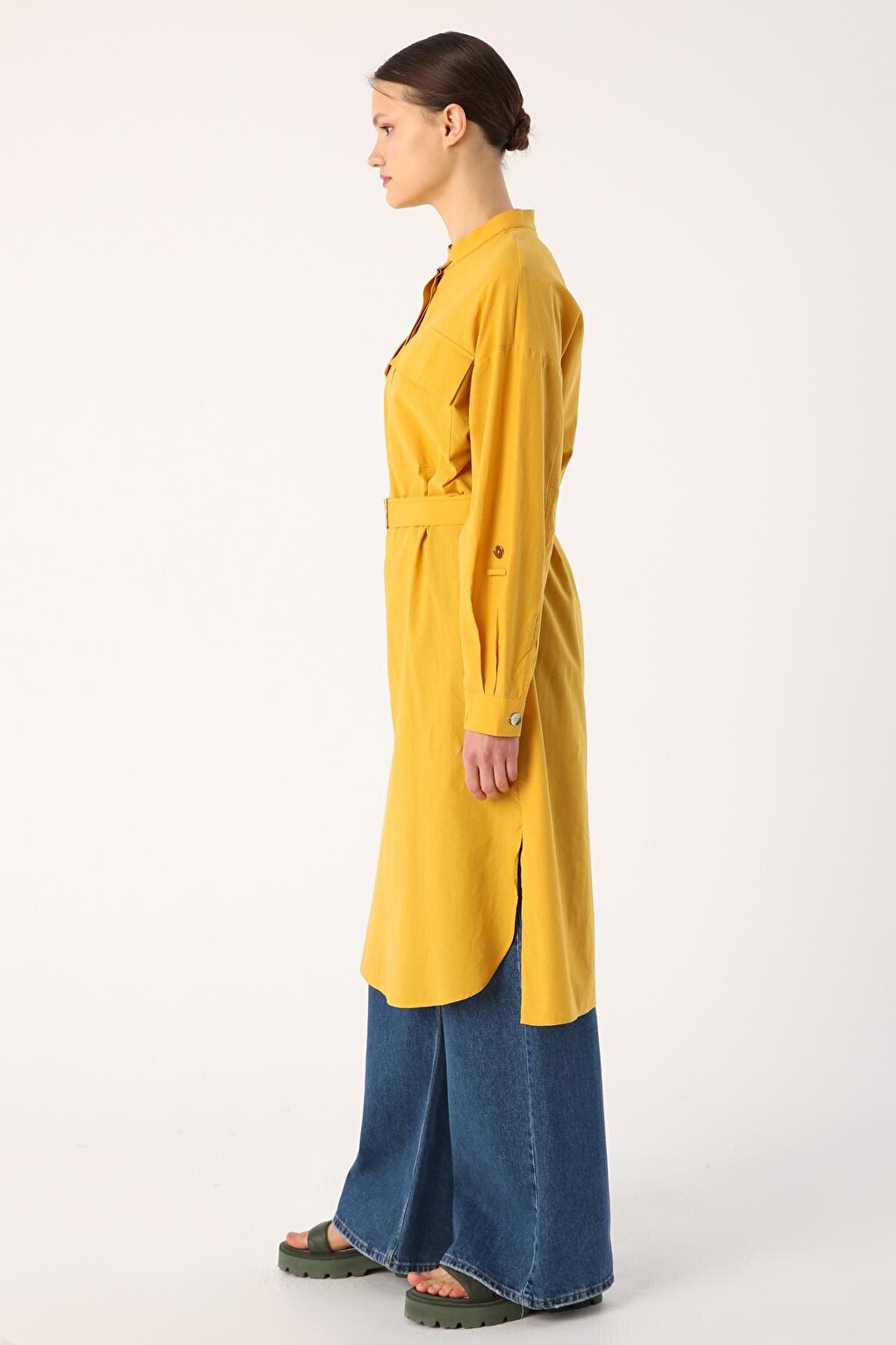 Mustard 100% Cotton Judge Collar Belted Pocket Tunic