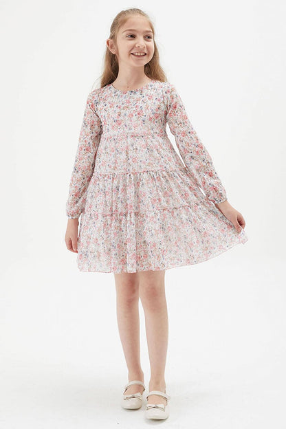 White Flower Patterned Girl's Dress 15199