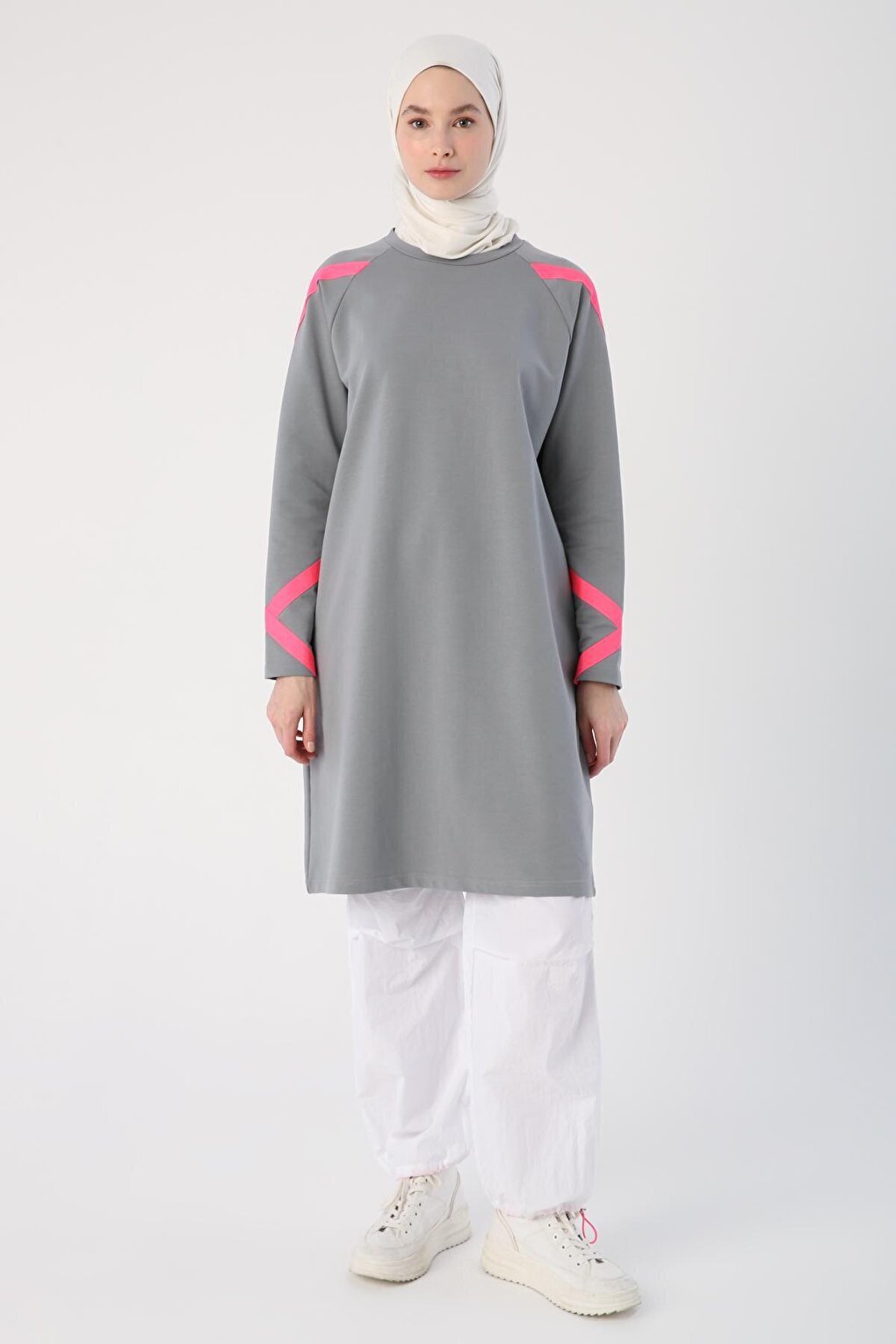 Gray Neon Stripe Detailed Sweat Tunic