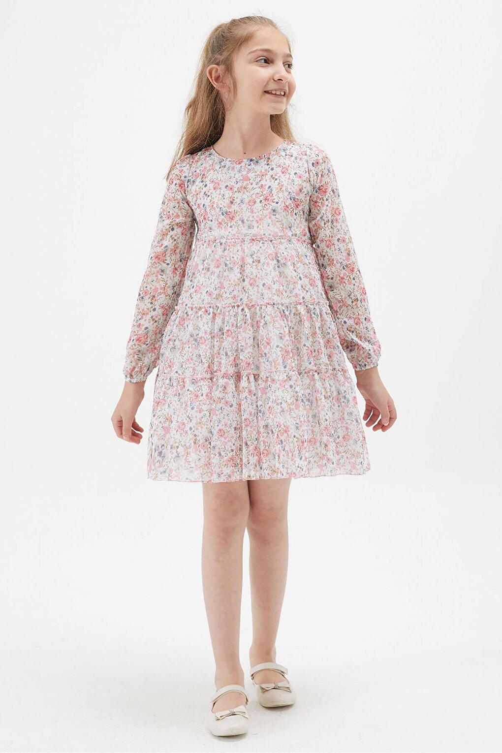 White Flower Patterned Girl's Dress 15199