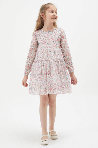 White Flower Patterned Girl's Dress 15199