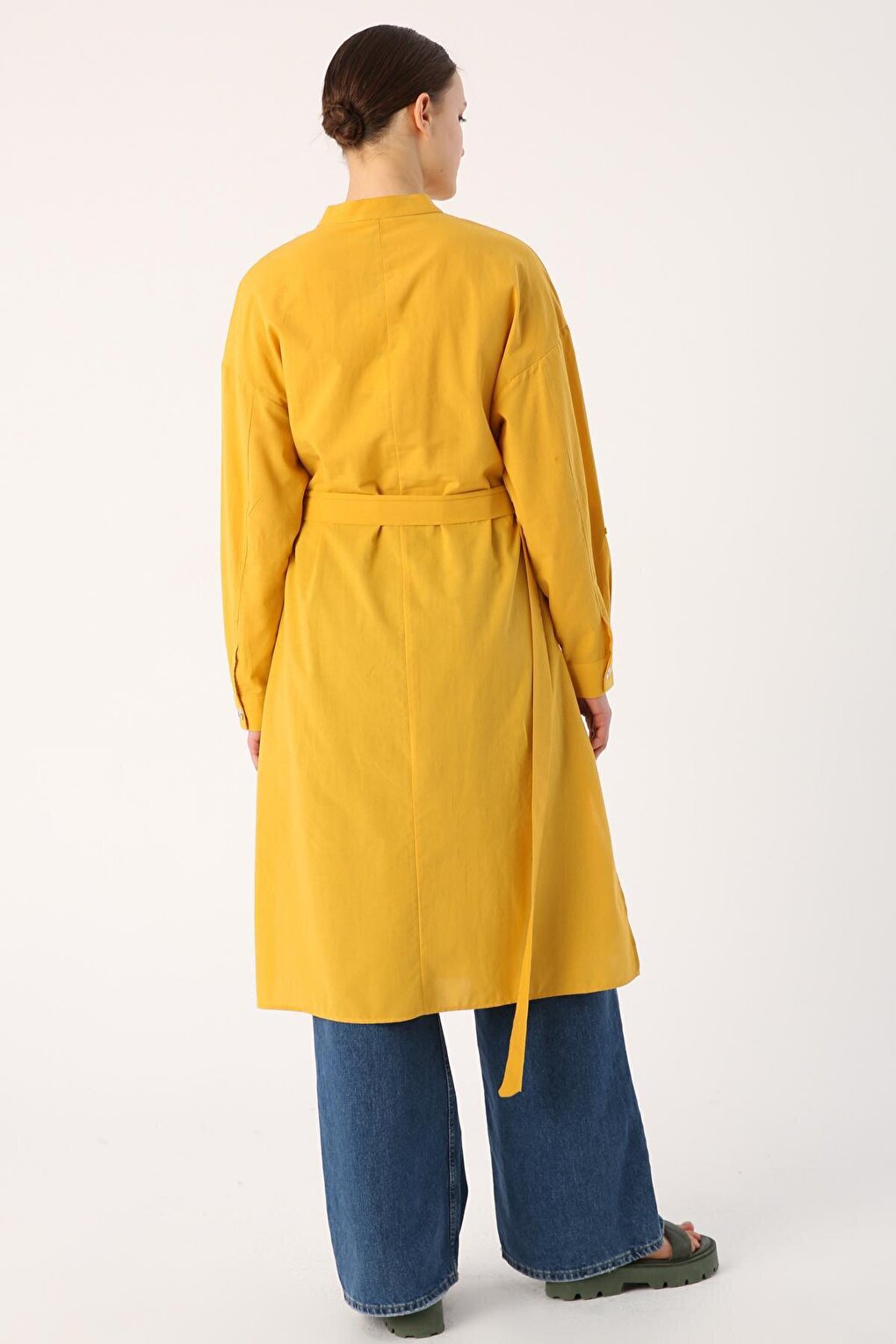 Mustard 100% Cotton Judge Collar Belted Pocket Tunic