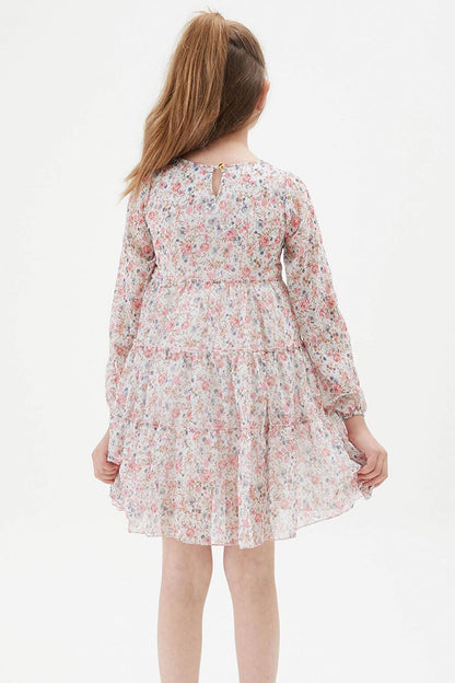 White Flower Patterned Girl's Dress 15199