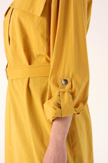 Mustard 100% Cotton Judge Collar Belted Pocket Tunic