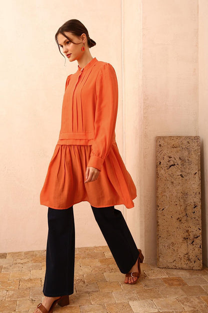 Orange Pleat Detailed Shirt Tunic