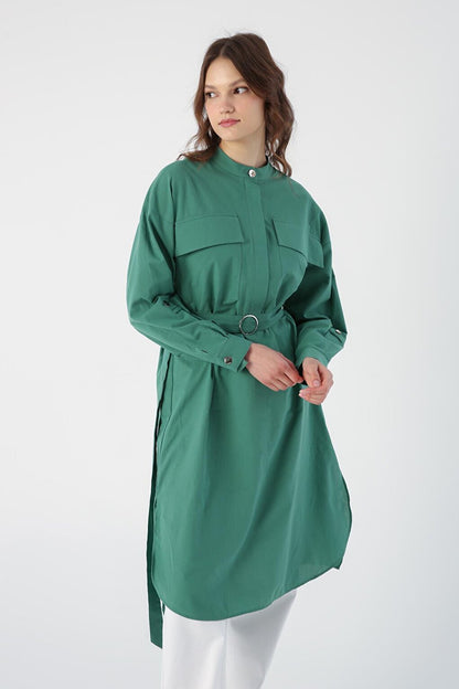 Dark Green 100% Cotton Judge Collar Belted Pocket Tunic