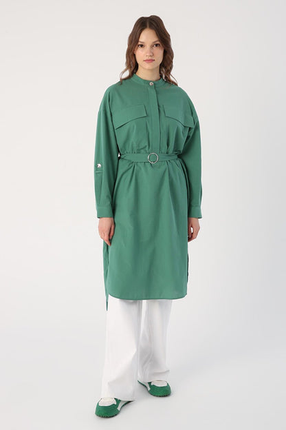 Dark Green 100% Cotton Judge Collar Belted Pocket Tunic