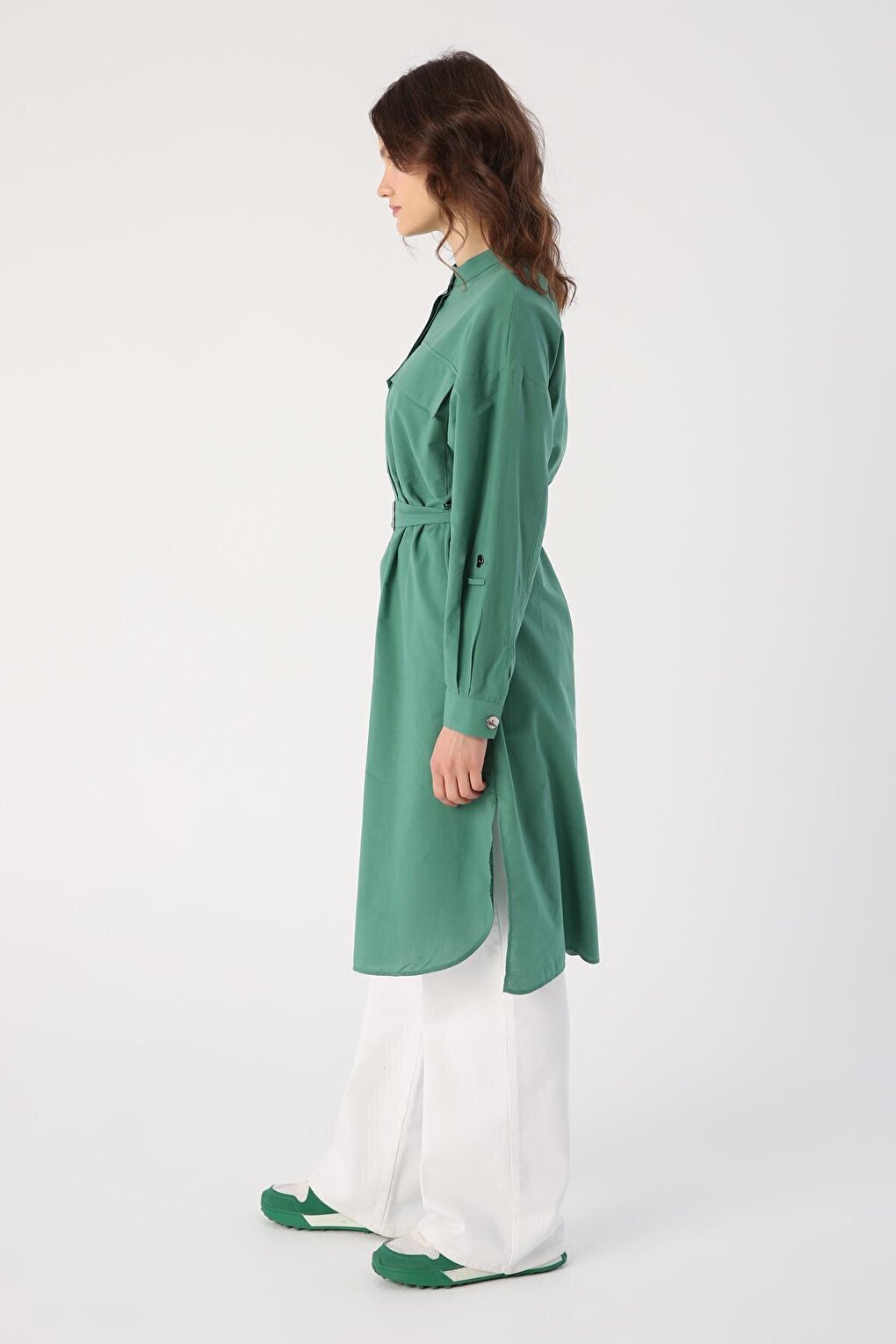 Dark Green 100% Cotton Judge Collar Belted Pocket Tunic