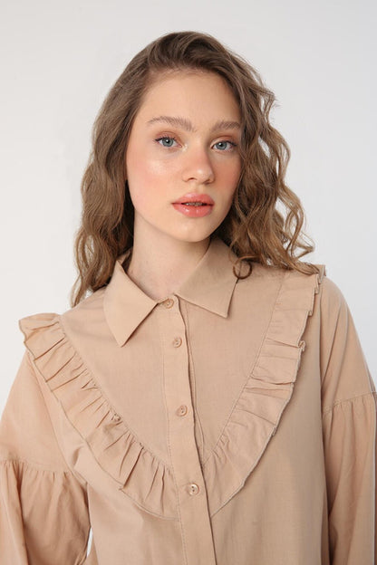 Beige 100% Cotton Ruffle Detailed Shirt Tunic