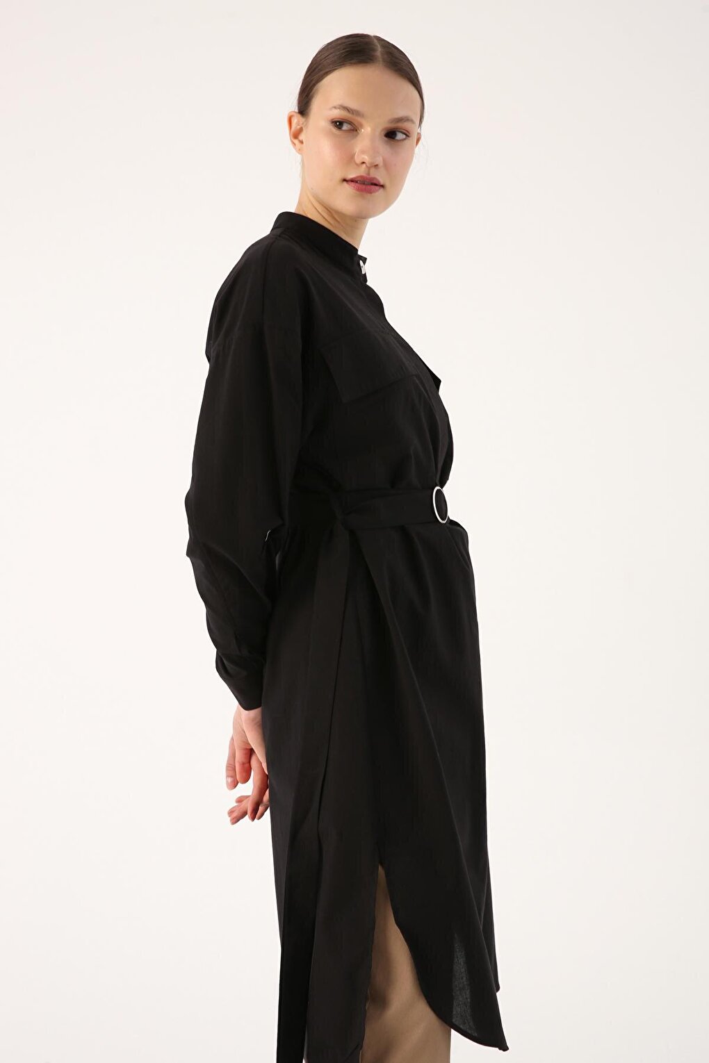 Black 100% Cotton Judge Collar Belted Pocket Tunic