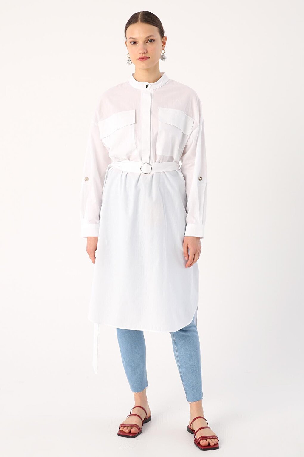 White 100% Cotton Judge Collar Belted Pocket Tunic