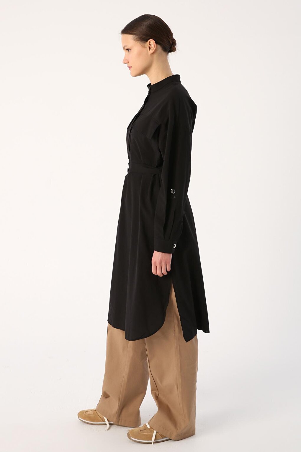 Black 100% Cotton Judge Collar Belted Pocket Tunic