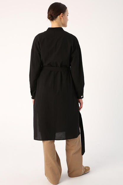 Black 100% Cotton Judge Collar Belted Pocket Tunic