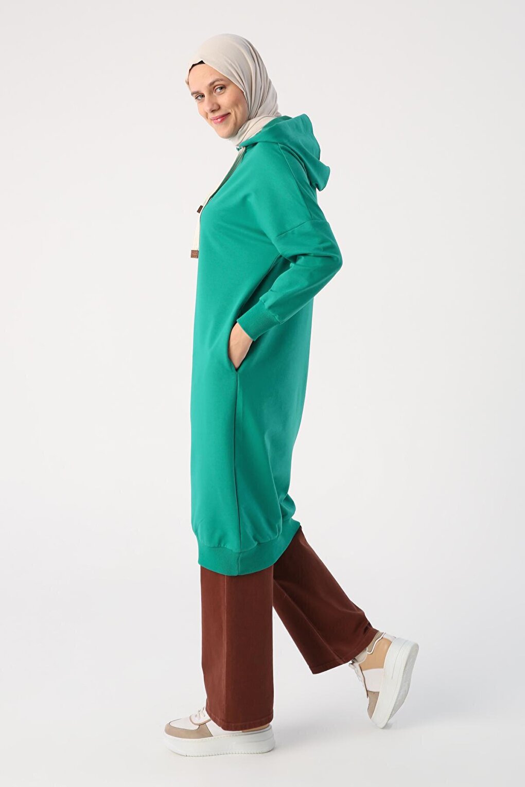 Emerald Green Eyelet Hooded Sweat Tunic with Pockets