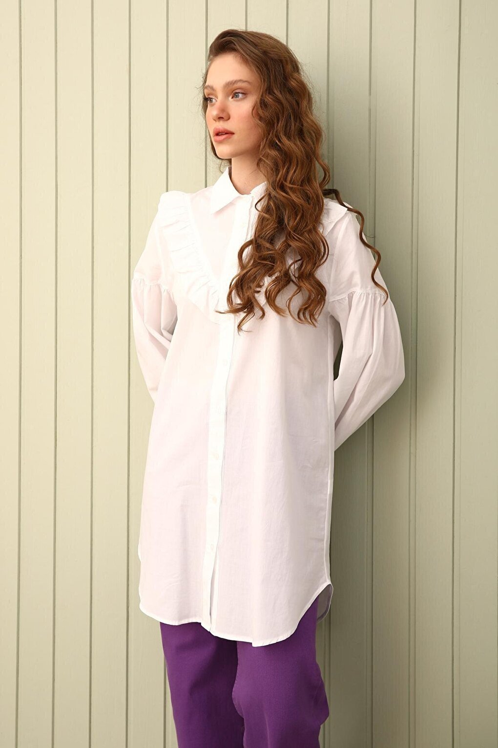 White 100% Cotton Ruffle Detailed Shirt Tunic