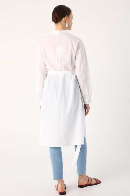 White 100% Cotton Judge Collar Belted Pocket Tunic