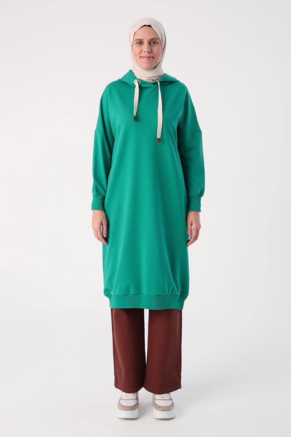 Emerald Green Eyelet Hooded Sweat Tunic with Pockets