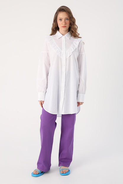 White 100% Cotton Ruffle Detailed Shirt Tunic