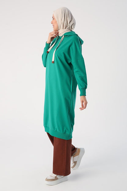 Emerald Green Eyelet Hooded Sweat Tunic with Pockets