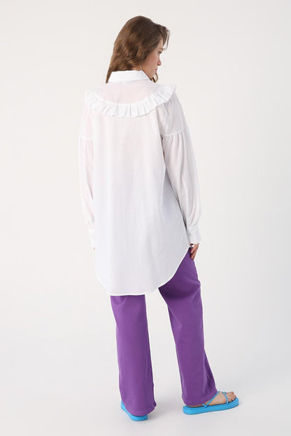 White 100% Cotton Ruffle Detailed Shirt Tunic