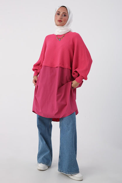 Dark Pink Woven Garnish Knitwear Tunic