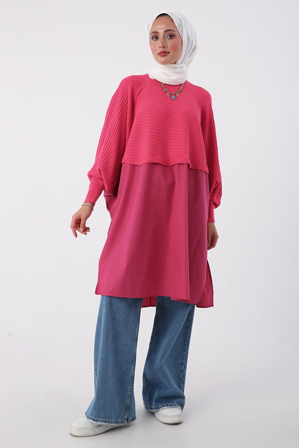 Dark Pink Woven Garnish Knitwear Tunic