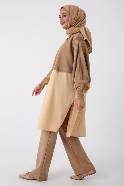 Beige01 Woven Garnished Knitwear Tunic