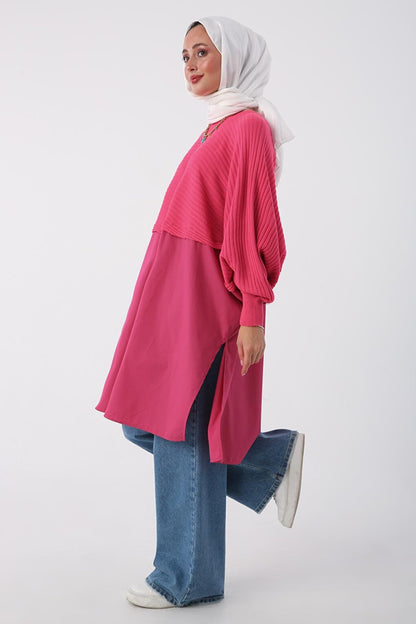 Dark Pink Woven Garnish Knitwear Tunic