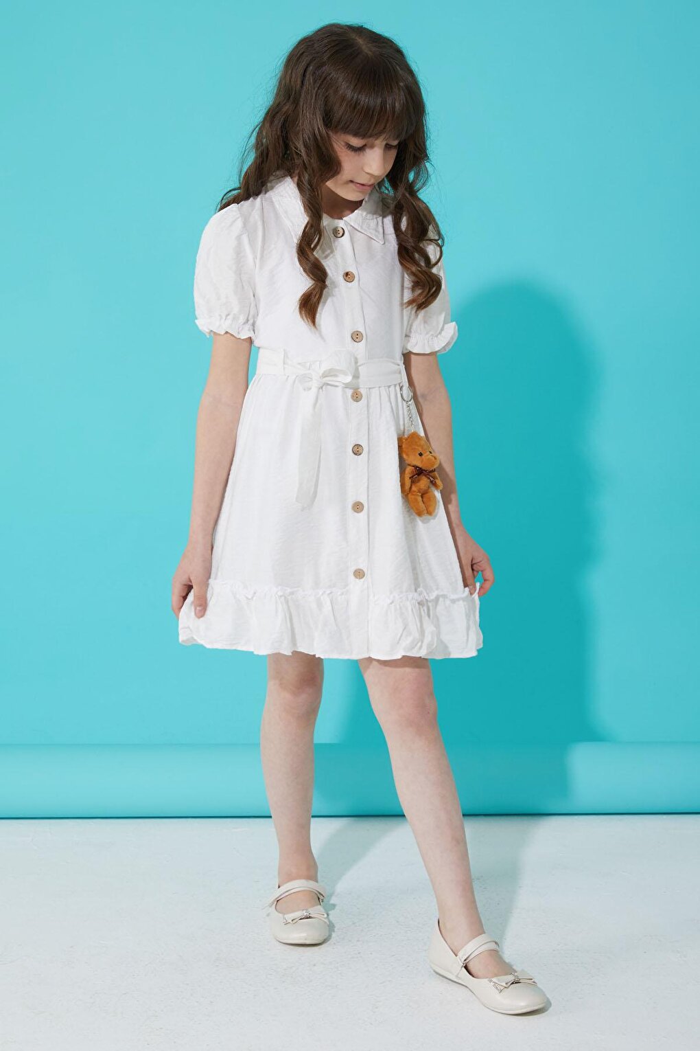 White Buttoned Teddy Bear Short Sleeve Girls Dress 15303