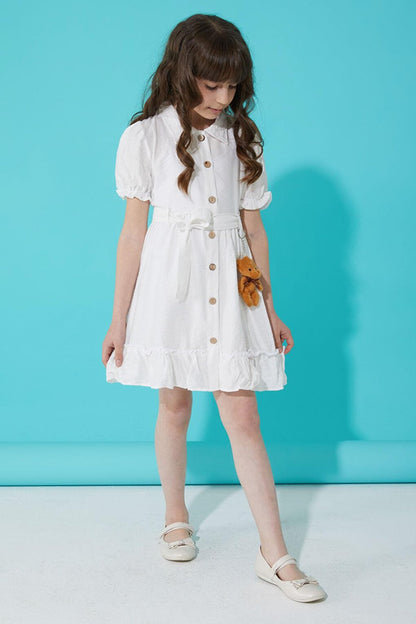 White Buttoned Teddy Bear Short Sleeve Girls Dress 15303