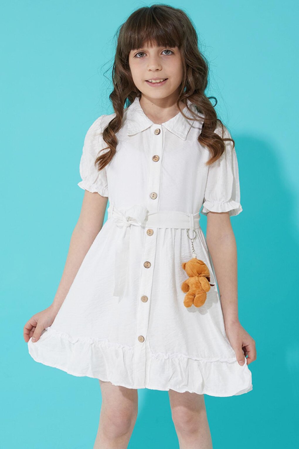 White Buttoned Teddy Bear Short Sleeve Girls Dress 15303