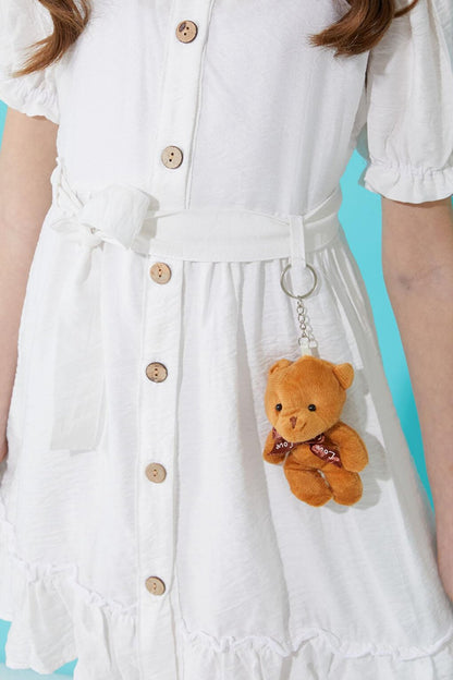 White Buttoned Teddy Bear Short Sleeve Girls Dress 15303