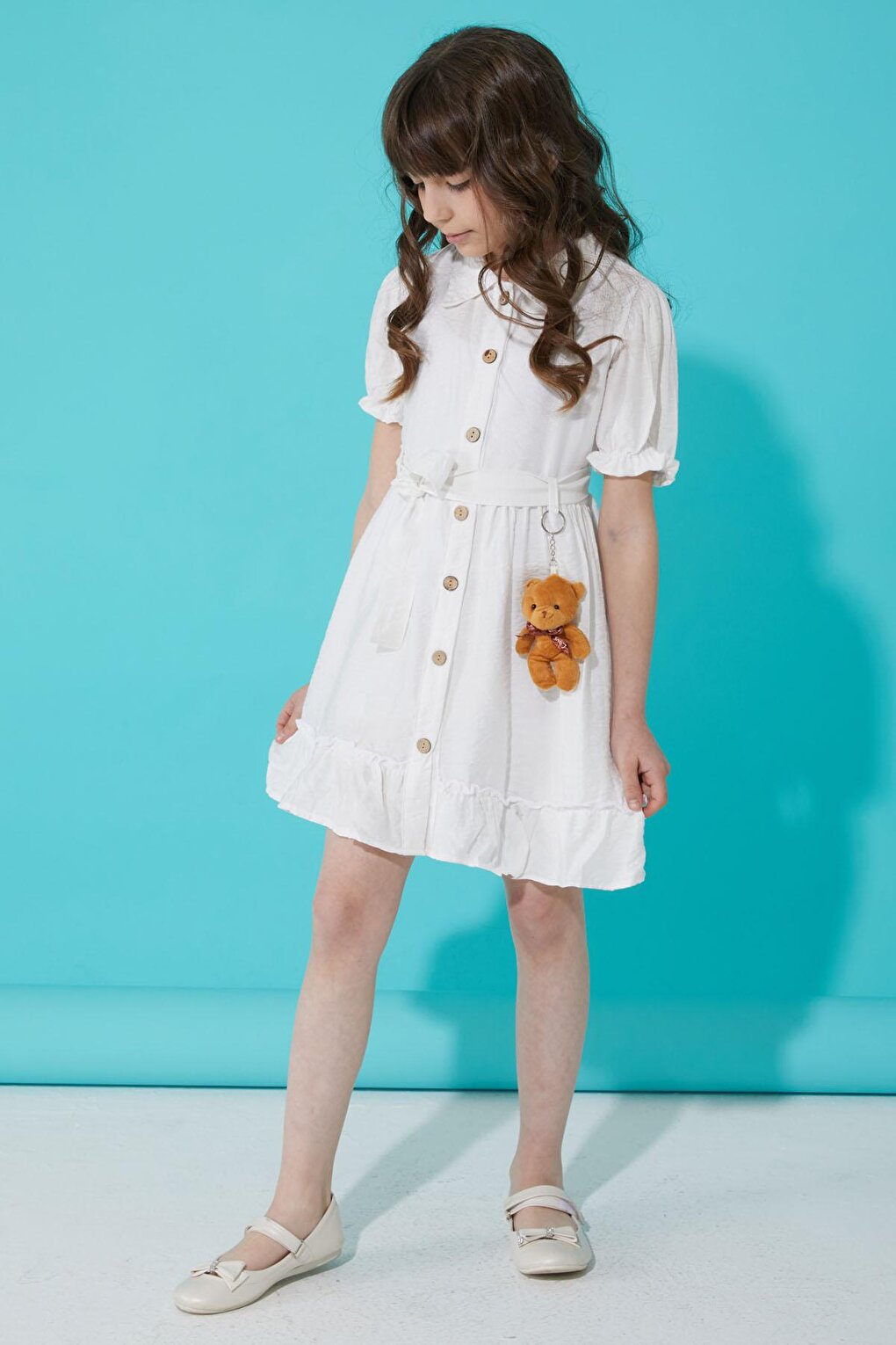 White Buttoned Teddy Bear Short Sleeve Girls Dress 15303