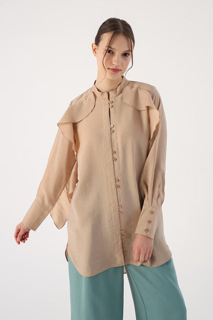 Dark Beige Flounce Detailed Shirt Tunic