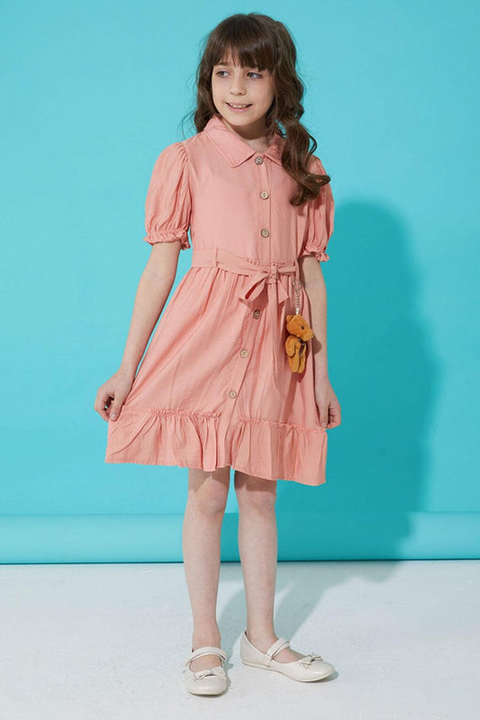 Salmon Buttoned Teddy Bear Short Sleeve Girl's Dress 15304