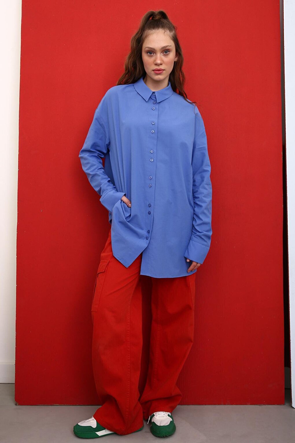 Blue 100% Cotton Oversize Sleeve Shirt Tunic with Gather Detail