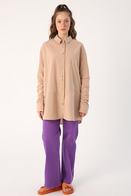 Beige 100% Cotton Oversize Sleeve Shirt Tunic with Gather Detail